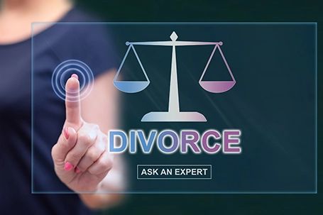 Woman touching an online divorce advice website on a touch screen with her finger.