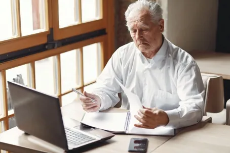 An old man with white hair, wearing a white long-sleeve shirt, reading some documents and holding a pen in front of his laptop near a glass window.