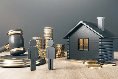 Am couple having divorce and property division, a black house with golden coin stacks.