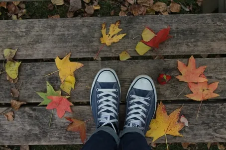 A person's feet wearing dark blue canvas sneakers standing on weathered wooden planks, likely a bench or deck.